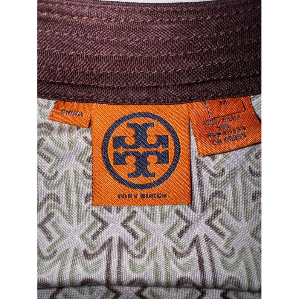 Tory Burch Silk Geometric Print Notched V-Neck Dress Brown Green Lavender Size M